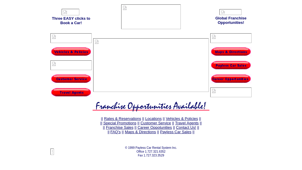1999 Payless home page: red oval buttons labeled Vehicles and Policies, Customer Service, Travel Agents, Maps and Directions, Payless Car Sales and Career Opportunities, with broken image placeholders between them.