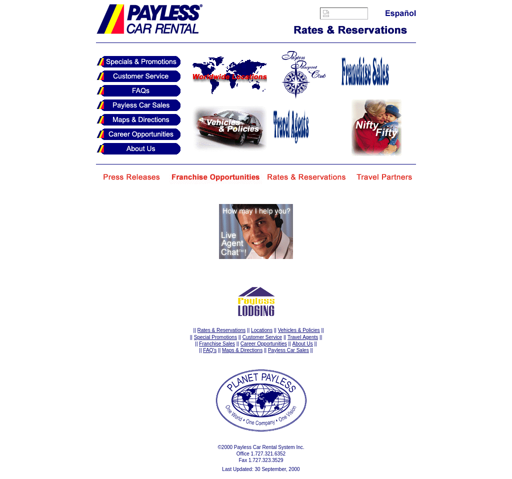 2000 Payless home page with the red, yellow and blue flag logo, a stack of blue navigation buttons and a grid of picture links.