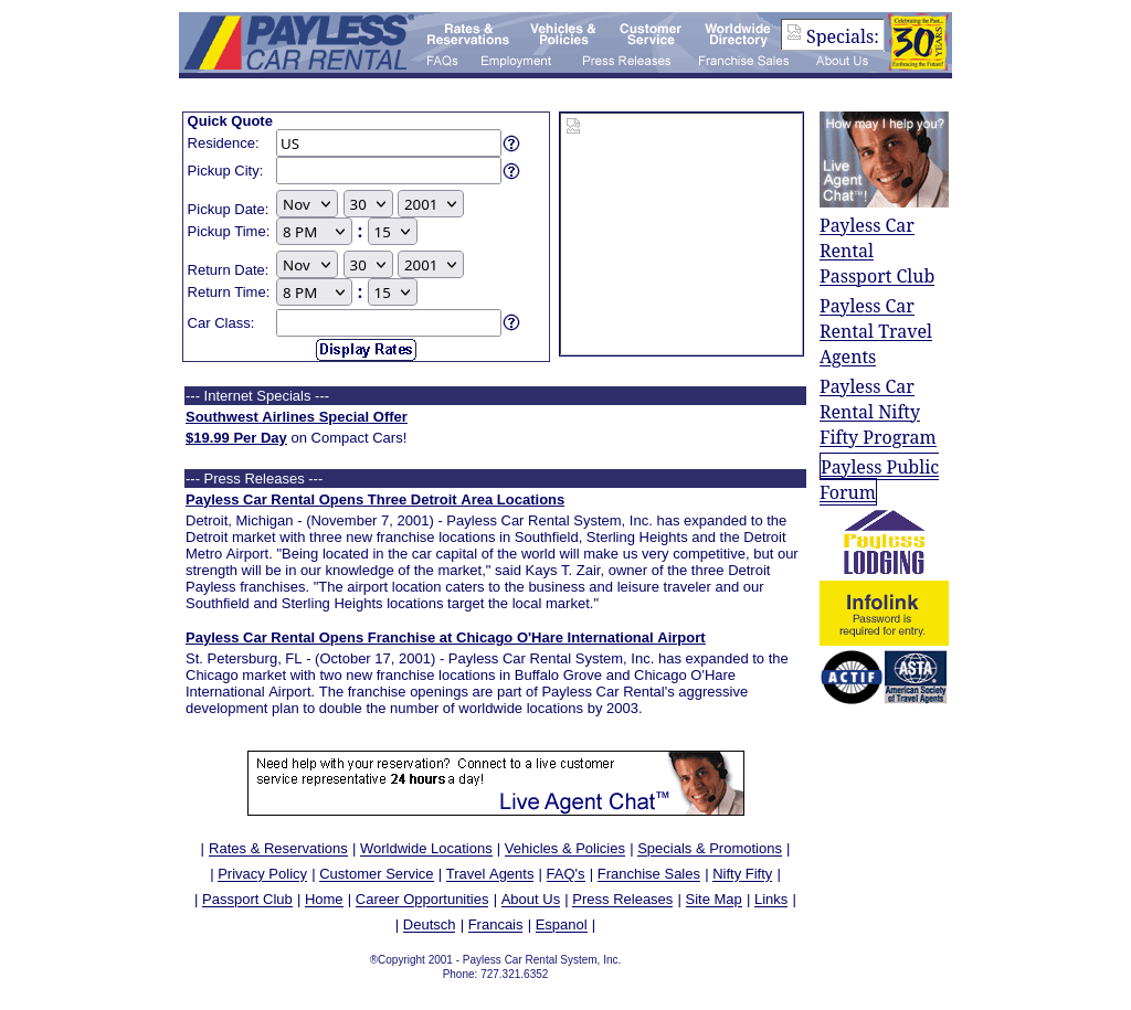 2001 Payless home page with a horizontal purple navigation bar, a Quick Quote form and press release text down the page.