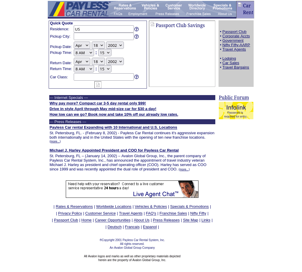 2002 Payless home page on a white ground with a Quick Quote form, a Passport Club Savings panel and two press releases.