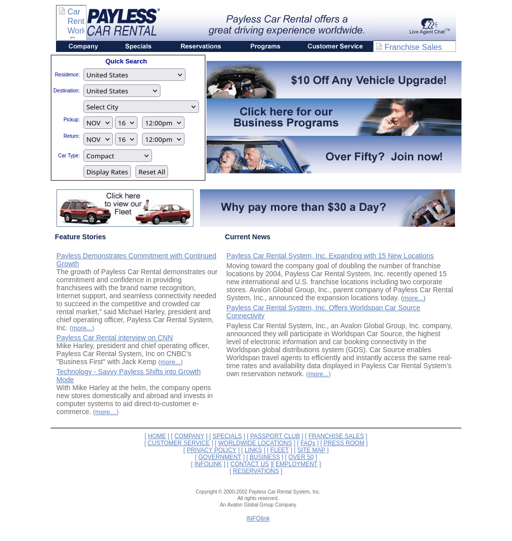 Late 2002 Payless home page with a slim navigation strip, a Quick Search form and three stacked promotional banners.