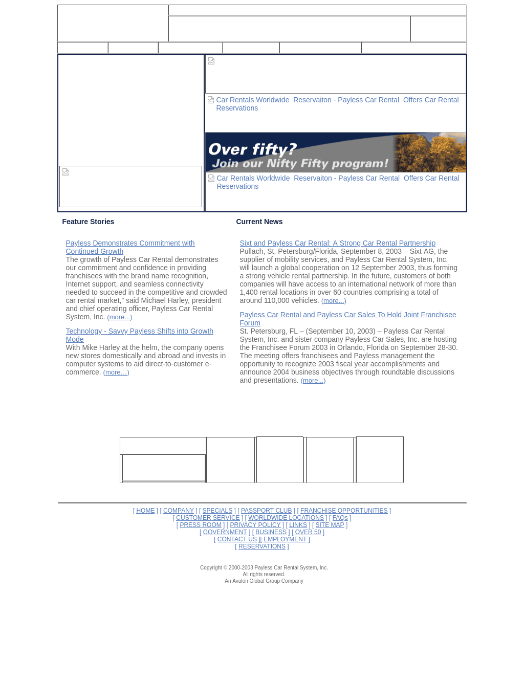 2003 Payless home page rendered with its navigation artwork missing, leaving empty table cells above the Feature Stories and Current News columns.