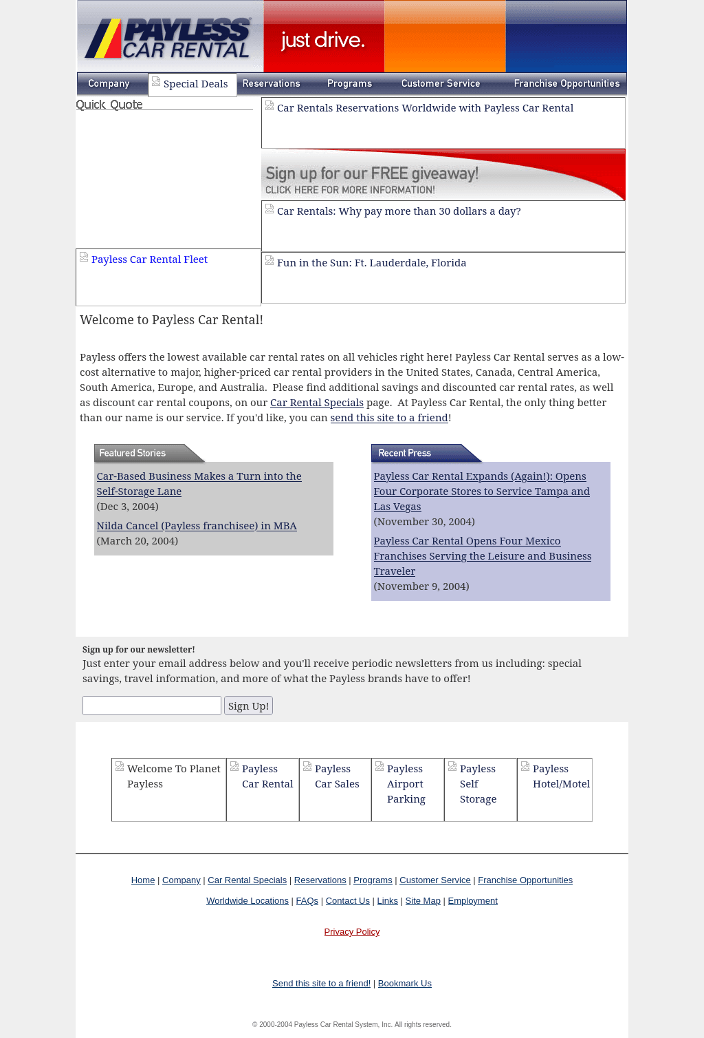 2004 Payless home page with orange and blue color blocks beside the logo, the words just drive., a purple navigation bar and a newsletter signup.