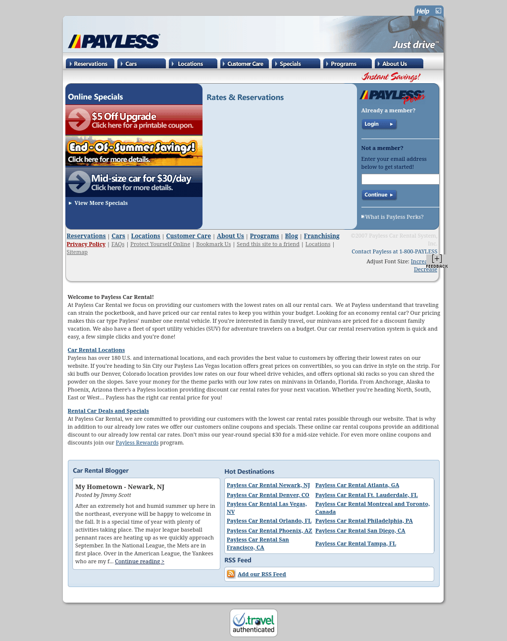 2007 Payless home page with a gray windshield photograph across the top, tabbed navigation, three Online Specials chevrons and a Payless Perks login panel.