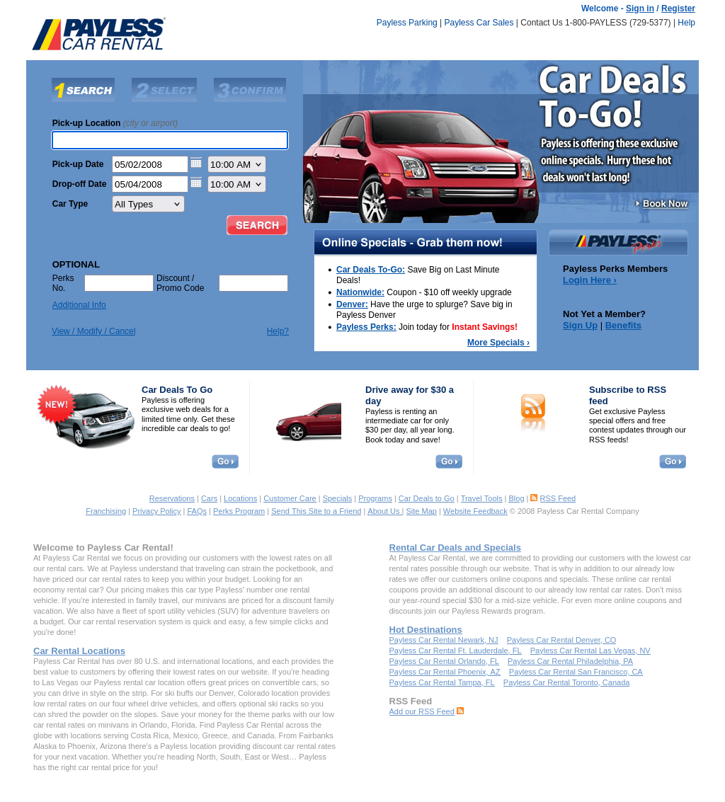 2008 Payless home page with a numbered Search, Select, Confirm booking bar, a red car in a Car Deals To-Go banner and three promotional tiles.