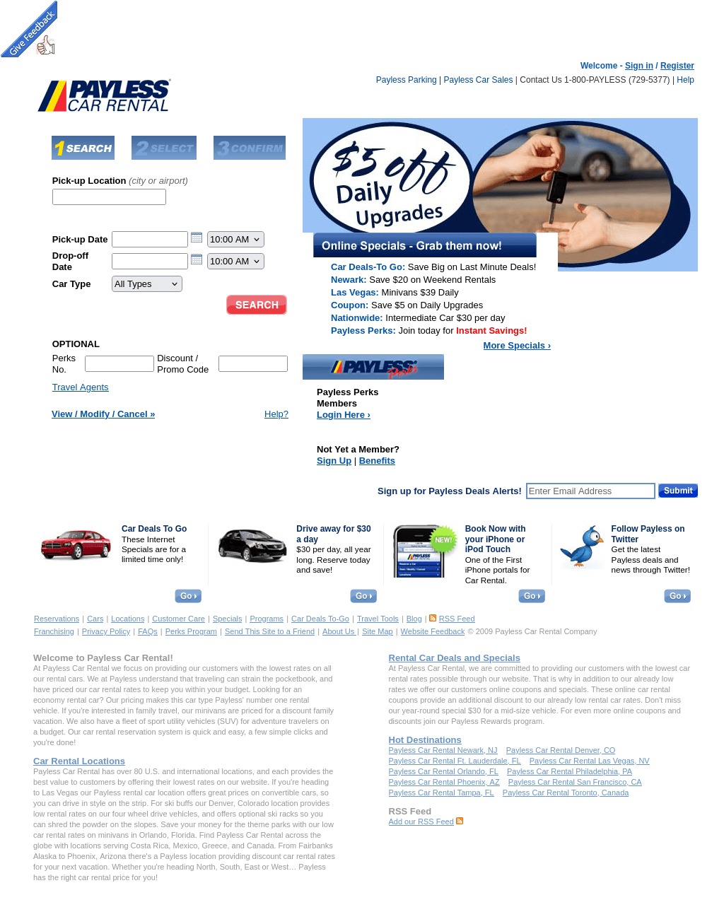 March 2009 Payless home page with a five dollars off Daily Upgrades banner and four promotional tiles including Twitter and iPhone.