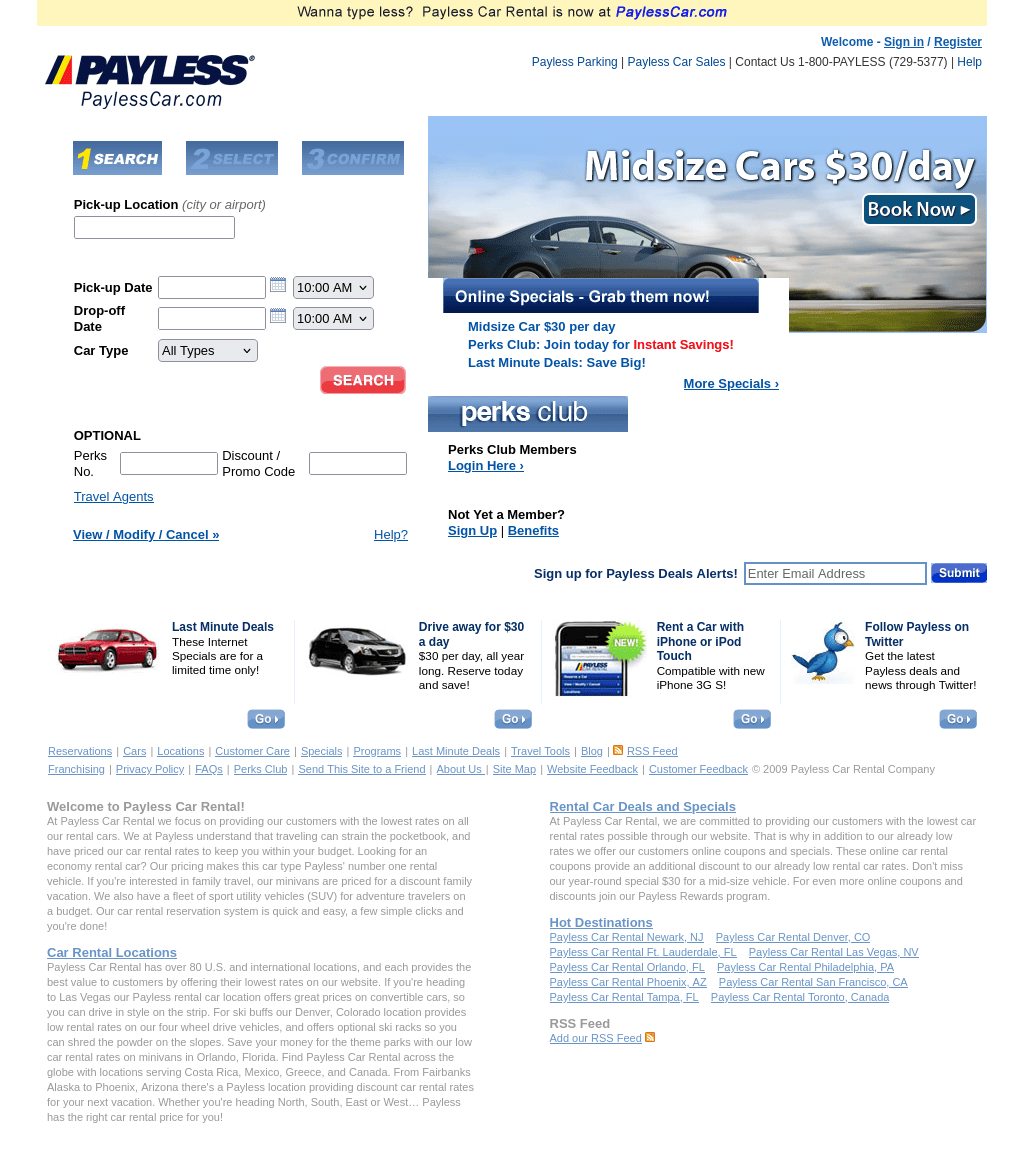 July 2009 Payless home page on the new domain, with a yellow banner announcing the move to PaylessCar.com and a Midsize Cars thirty dollars a day banner.
